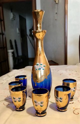 Juego licorera y 6 vasos Murano azul/dorado