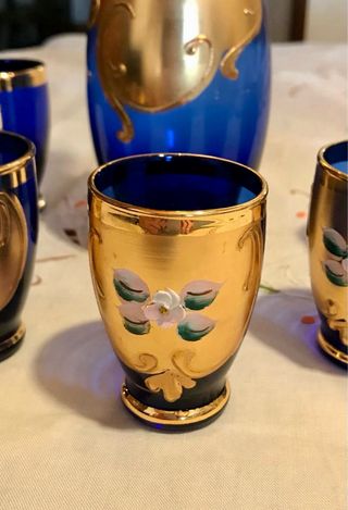 Juego licorera y 6 vasos Murano azul/dorado
