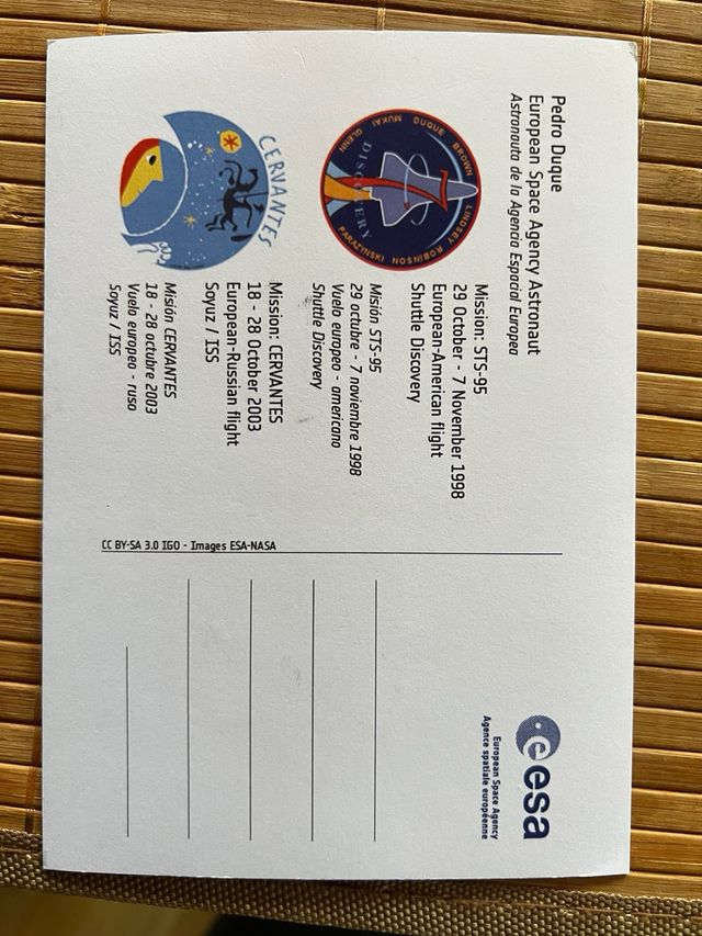 Postales Agencia Espacial Europea. Pedro Duque