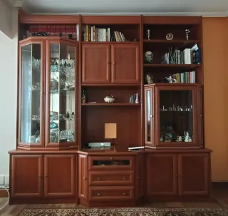 Mueble de salón madera y cristal.