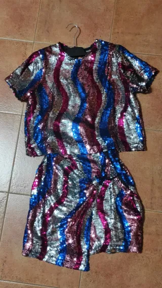 Conjunto lentejuelas top (M) y falda (S)