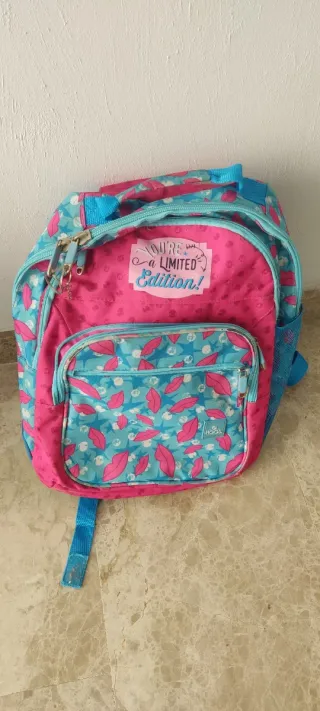 Mochila escolar rosa y azul con estampado
