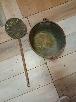 Caldero y espumadera cobre antiguos