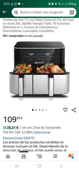 Freidora de aire airfrier doble sin estrenar 11L