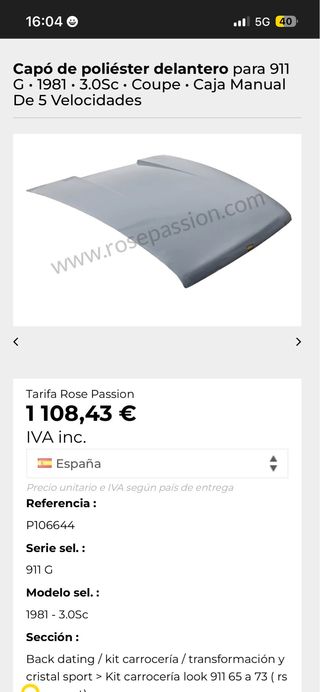 Capó delantero Porsche 911 pre 73 2.7 rs