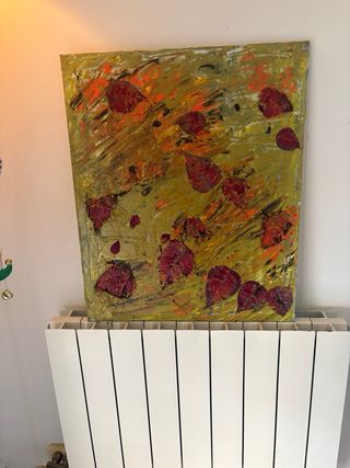 Cuadro al óleo hojas rojas y doradas