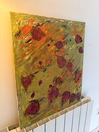 Cuadro al óleo hojas rojas y doradas