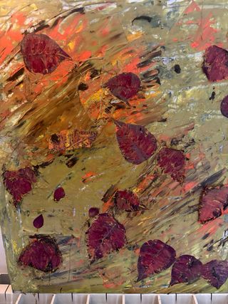 Cuadro al óleo hojas rojas y doradas