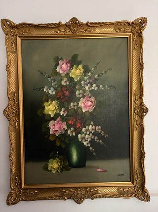 Cuadro antiguo flores marco dorado