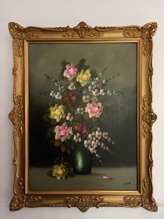 Cuadro antiguo flores marco dorado