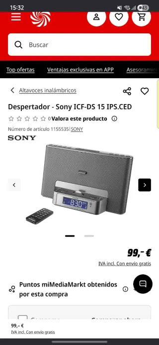 Altavoz Despertador Sony ICF-DS15 iPod