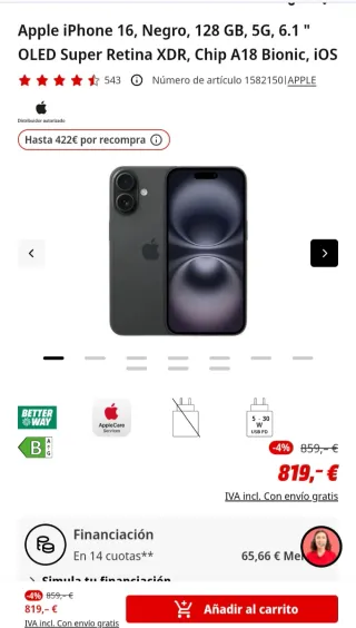 iPhone 16 Negro 128 GB 5G