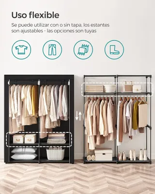 SONGMICS Armario de Tela 140×43×174 cm Negro con 2 Barras