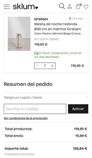 Mesita Noche Mármol Sklum NUEVA