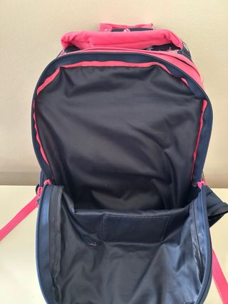 Mochila escolar azul y rosa con mariposas