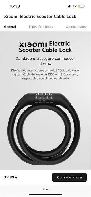 Candado Cable Xiaomi para Patinete Eléctrico, Bici