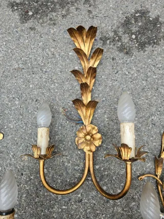 3 Lampade da Muro Applique Ferro Battuto Dorato