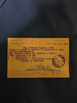 Cartolina Commerciale 1926 - Fratelli Sandei Venez