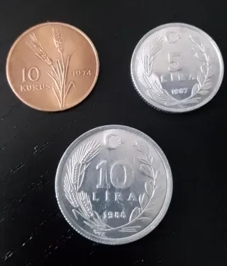 Turchia: 3 monete 5/10 lire + 10 kurus