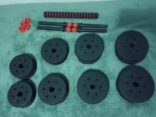 Pesas 30kg, cierres y barras.