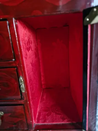 Joyero antiguo madera rojo rosas