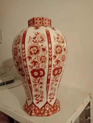 Jarrón Cerámica Vintage Rojo y Blanco