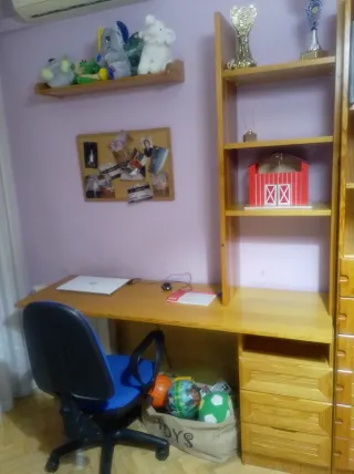 Escritorio con estantería de madera de pino