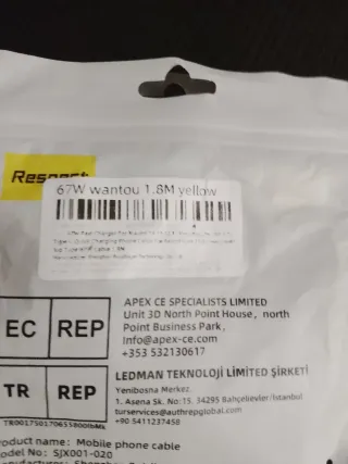 Cable de carga rápida amarillo 1.8m