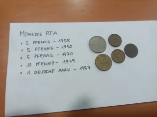 Monedas RFA: 2, 5, 10 Pfennig y 1 Deutsche Mark