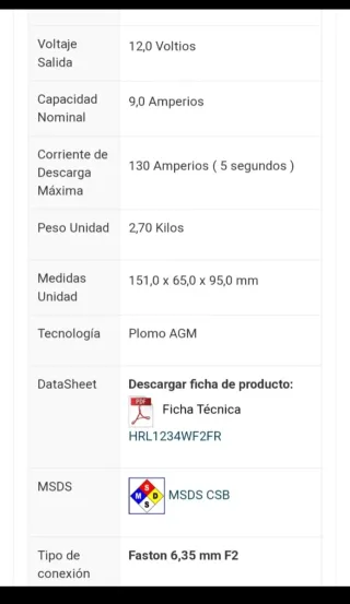 Batería 12v 9 Ah CSB HR 1224W F2FR