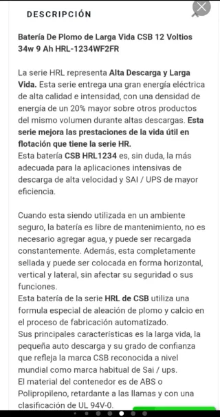 Batería 12v 9 Ah CSB HR 1224W F2FR