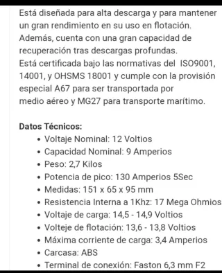 Batería 12v 9 Ah CSB HR 1224W F2FR