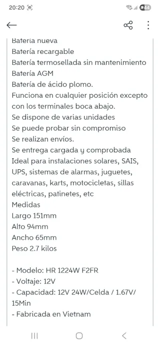 Batería 12v 9 Ah CSB HR 1224W F2FR