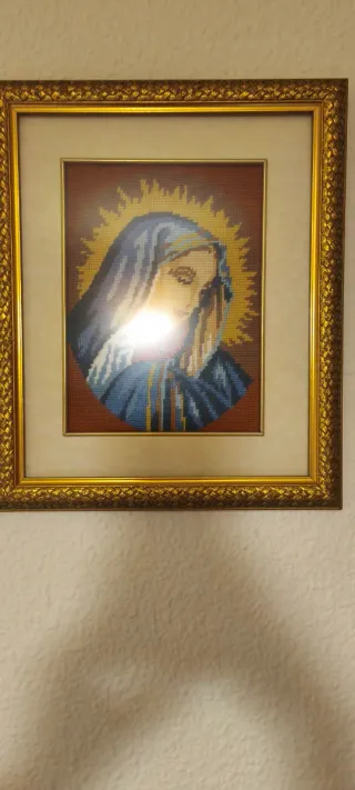 Cuadro Punto de Cruz Virgen Azul y Dorado