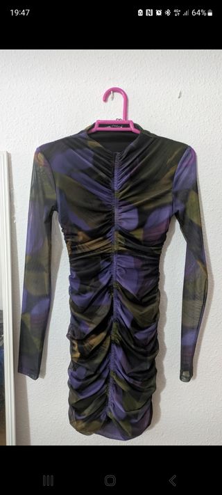 Vestito Zara in Tulle con Ruches Viola Taglia S Nuovo