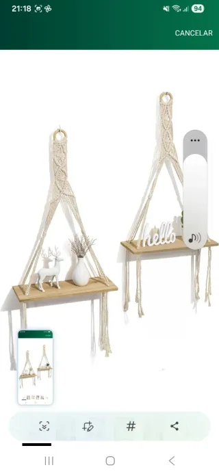 Estantes colgantes de macramé y madera