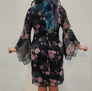 Vestido Kimono Negro Flores Rosas Talla 38