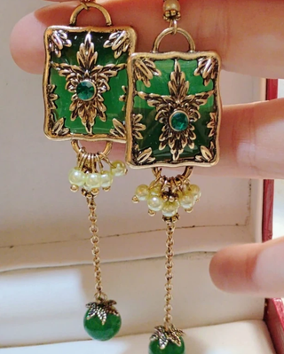 Pendientes Art Deco Verde Oro