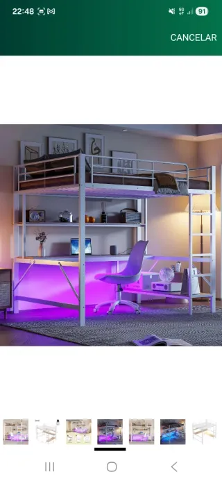 Cama alta con escritorio y estanterías