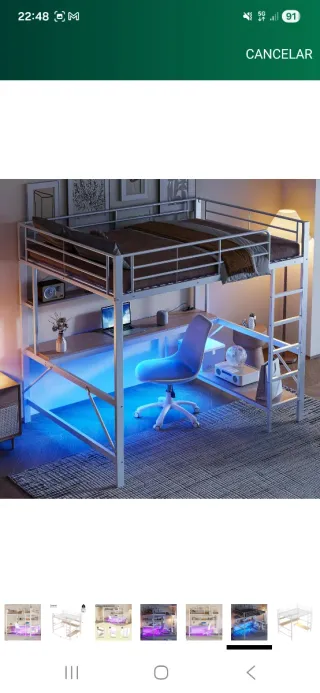 Cama alta con escritorio y estanterías