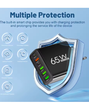 Cargador múltiple 65w 4 puertos USB + 2 tipo C