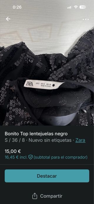 Top lentejuelas negro Zara Talla S