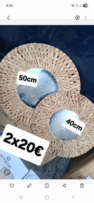 2 Espejos Decorativos Ratán 50cm y 40cm