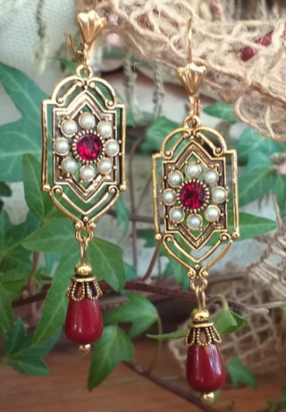 Pendientes Art Deco Burdeos Oro y Rojo