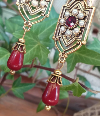 Pendientes Art Deco Burdeos Oro y Rojo