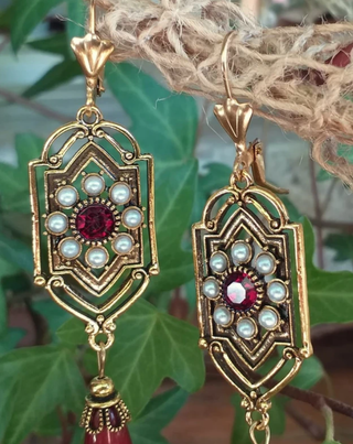 Pendientes Art Deco Burdeos Oro y Rojo