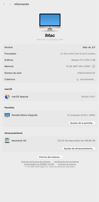 iMac 27 5K 2019 Intel Core i5 6 núcleos
