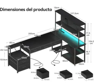 Escritorio L Coleshome Cajones y LED 200x110x154