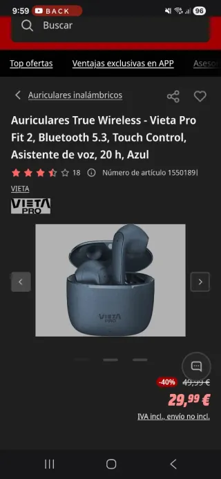 Auriculares Vieta Pro Fit 2 Bluetooth