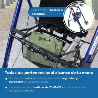 Andador Plegable Azul con Asiento y Cesta